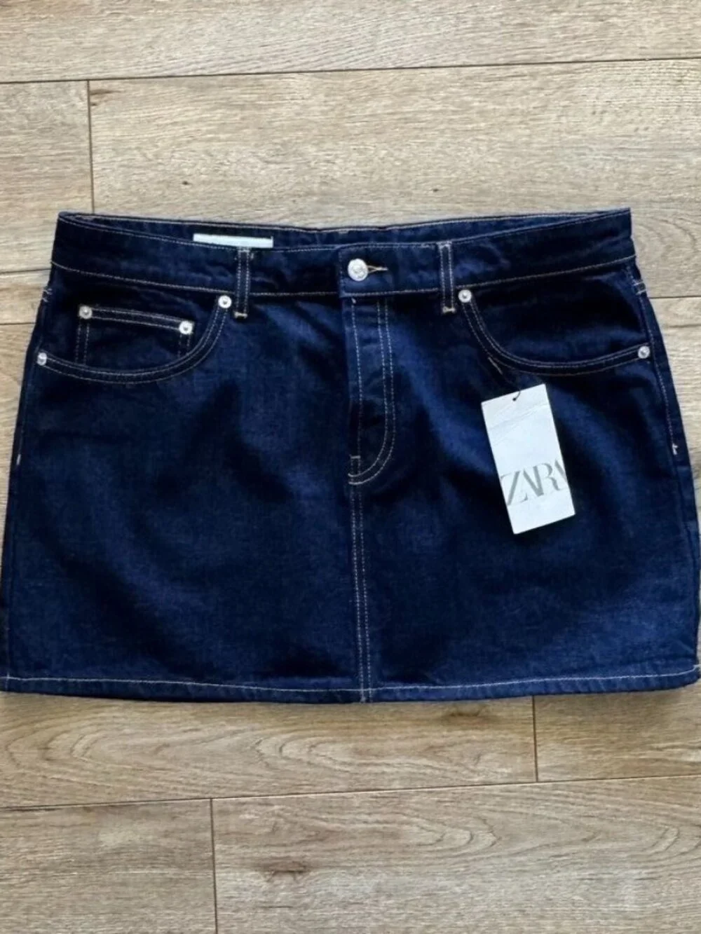 ZARA Cotton Dark Denim Button Front Silver Hardware Mini Skirt Size X-Large NWT